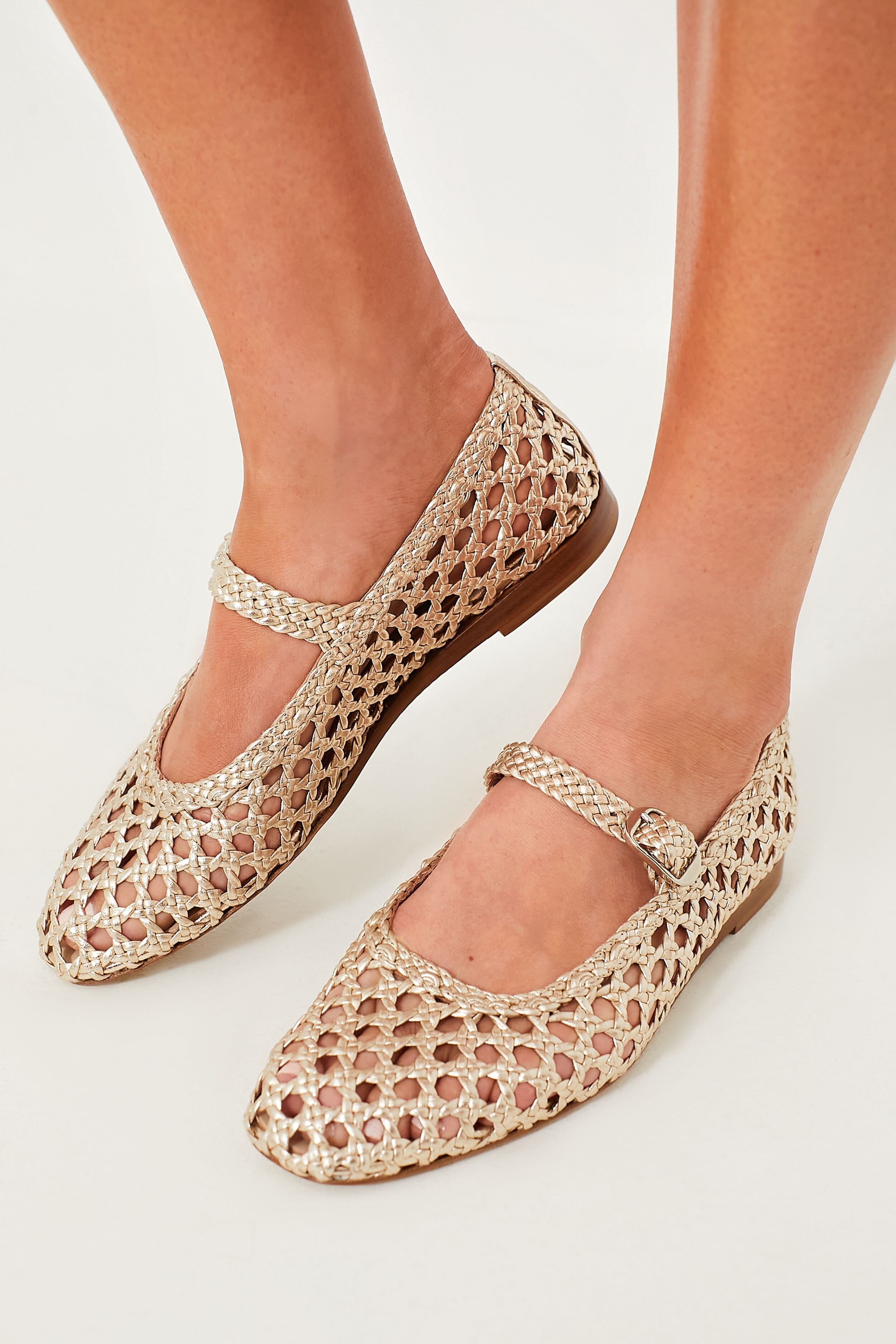  Gold Woven Mary Jane Flats